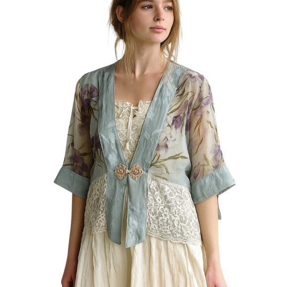 Silky Burnout Floral Kimono Jacket Frog Knot Lace Trim Boho Cottagecore Chic S - Picture 1 of 10